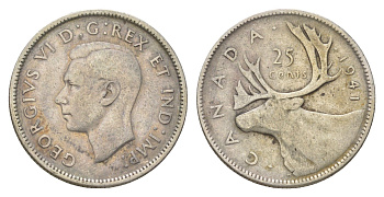 Канада 25 центов 1941 Георг VI (1936-1952), олень KM 35 серебро 4622-813
