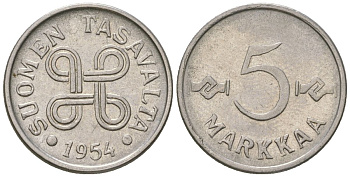 Финляндия 5 марок 1954 KM 37a железо плакированная никелем 4169-129