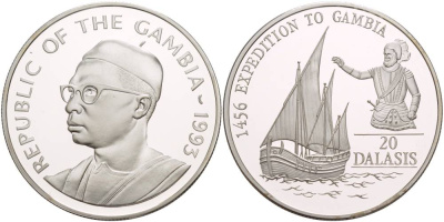 Гамбия 20 даласи 1993 Генрих Мореплаватель, парусник, тираж 15000 экз. KM 34 серебро PROOF 00-000-00