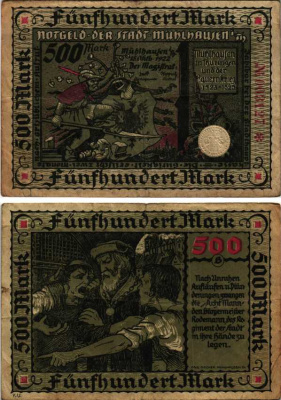 МЮЛЬХАУЗЕН 500 МАРОК 1922 НОТГЕЛЬД, 15 ОКТЯБРЯ 1922, ЗЕМЛЯ ТЮРИНГИЯ Muller 3000.2 бумага 6300-37-2-1