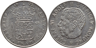 Швеция 1 крона 1973 Густав VI Адольф (1950-1973) KM 826а медь плакированная медно-никелем 4395-633