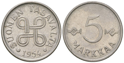 Финляндия 5 марок 1954 KM 37a железо плакированная никелем 4169-129