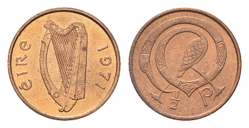Ирландия 1/2 пенни 1971 мифологическая птица лира KM 19 бронза UNC 4696-363
