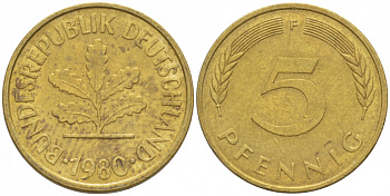 ФРГ 5 ПФЕННИГОВ 1980 F KM 107, J. 382 сталь плакированная латунью 3996-1155