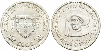 ПОРТУГАЛИЯ 5 ЭСКУДО 1960 500 ЛЕТ СО ДНЯ СМЕРТИ ПРИНЦА ГЕНРИ НОВИГАТОРА KM 587 серебро UNC 3853-1227