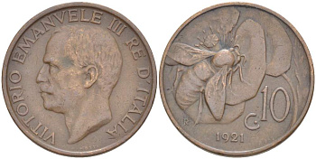 ИТАЛИЯ 10 ЧЕНТЕЗИМО 1921 R, МОНДВОР РИМ, ВИКТОР ЭММАНУИЛ III (1900-1946) KM 60 медь 4525-233
