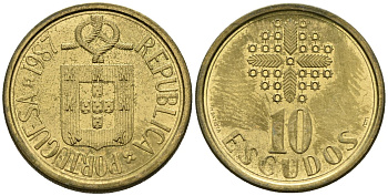Португалия 10 эскудо 1987 KM 633 никель латунь 4148-514