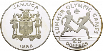 Ямайка 25 долларов 1988 XXIV летние Олимпийские игры 1988 года в Сеуле, эстафета KM 141 серебро PROOF 11-102-23