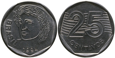 Бразилия 25 сентаво 1994 KM 634, Schon 143 нержавеющая сталь 4519-1151