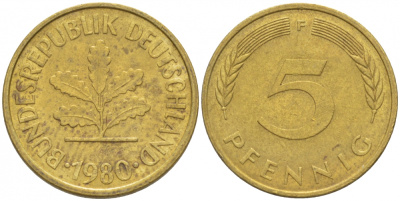 ФРГ 5 ПФЕННИГОВ 1980 F KM 107, J. 382 сталь плакированная латунью 3996-1155