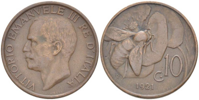 ИТАЛИЯ 10 ЧЕНТЕЗИМО 1921 R, МОНДВОР РИМ, ВИКТОР ЭММАНУИЛ III (1900-1946) KM 60 медь 4525-233
