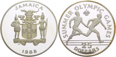 Ямайка 25 долларов 1988 XXIV летние Олимпийские игры 1988 года в Сеуле, эстафета KM 141 серебро PROOF 11-102-23