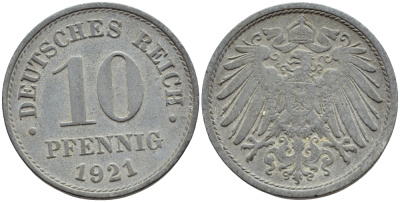 ГЕРМАНИЯ 10 ПФЕННИГОВ 1921 KM 26, J. 299 цинк 4395-1251