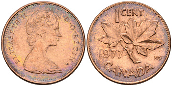 Канада 1 цент 1977 Елизавета II (1952-2022), кленовый лист KM 59.1 бронза    4147-261