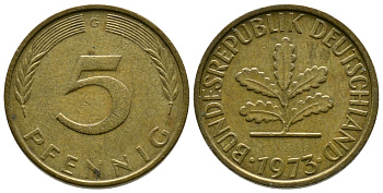 ФРГ 5 ПФЕННИГОВ 1973 G KM 107, J.382 сталь плакированная латунью 179-1038