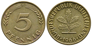 ФРГ 5 ПФЕННИГОВ 1966 F KM 107, J.382 сталь плакированная латунью 26-1119