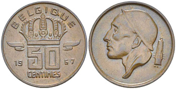 БЕЛЬГИЯ 50 САНТИМОВ 1967 BELGIQUE, БОДУЭН I (1951-1993) KM 148.1 бронза 214-455