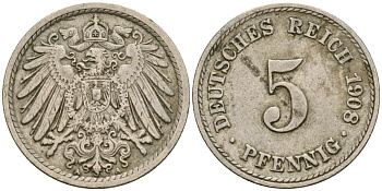 Германия 5 пфеннигов 1908 A KM 11, Jager 12, Weege 6 медно-никель 4588-1217