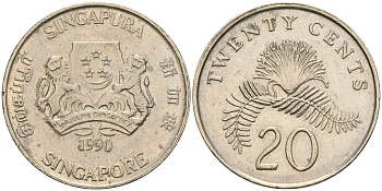 Сингапур 20 центов 1990 KM 52 медно-никель 4364-2541