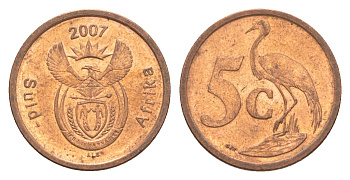 ЮАР 5 центов 2007 герб, райский журавль KM 340 сталь плакированная медью UNC 4621-726