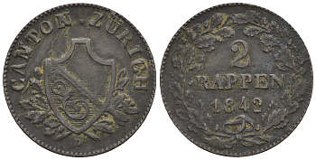 Швейцария, Цюрих 2 раппена 1842 D KM 195, HMZ 1180 серебро 413-6713