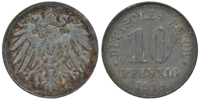 Германия 10 пфеннигов 1918 KM 26, J. 299, Weege 8 цинк 4119-322