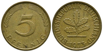 ФРГ 5 ПФЕННИГОВ 1973 G KM 107, J.382 сталь плакированная латунью 179-1038