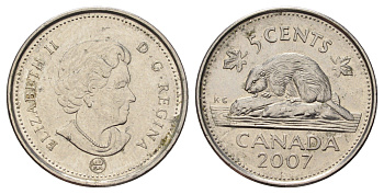 Канада 5 центов 2007 Leaf, Елизавета II (1952-2022), бобр KM 491 сталь плакированная никелем UNC 4689-464