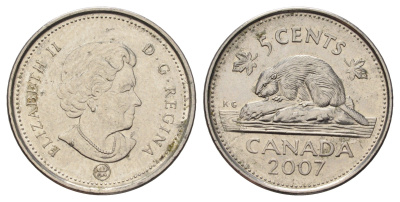 Канада 5 центов 2007 Leaf, Елизавета II (1952-2022), бобр KM 491 сталь плакированная никелем UNC 4689-464