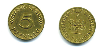 ФРГ 5 ПФЕННИГОВ 1950 J KM 107, J.382 сталь плакированная латунью 23-612