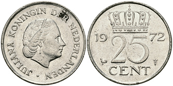 Нидерланды 25 центов 1972 Юлиана (1948-1980) KM 183никель 96-229