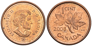 Канада 1 цент 2008 Елизавета II (1952-2022), кленовый лист KM 490а сталь плакированная медью 4609-418