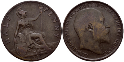 Великобритания 1/2 пенни 1910 Эдуард VII (1901-1910) KM 793.2, Spink 3991 бронза 60-212