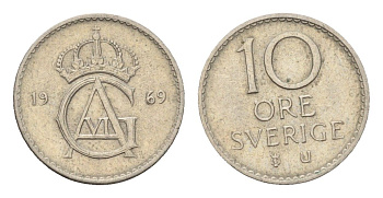 Швеция 10 эре 1969 U, Густав VI Адольф (1950-1973) KM 835 медно-никель 4685-1132