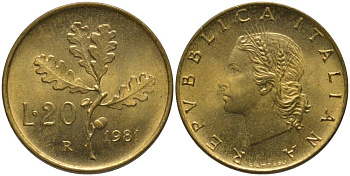 Италия 20 лир 1981 R, дубовые листья KM 97.2 алюминиевая бронза 181-427