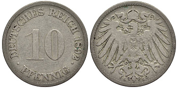 ГЕРМАНИЯ 10 ПФЕННИГОВ 1892 G KM 12, Jager 13, Weege 8 медно-никель 4381-533