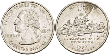 США 25 центов = квотер 1999 Р, серия штаты США, Нью-Джерси KM 295 медь плакированная медно-никелем 4544-252