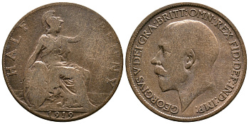 Великобритания 1/2 пенни 1919 Георг V (1910-1936) KM 809, Spink 4056 бронза 08-723