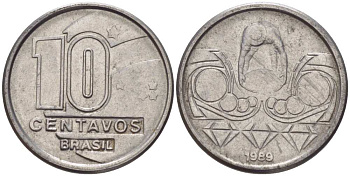 Бразилия 10 сентаво 1989 золотодобыча KM 613 нержавеющая сталь 112-619