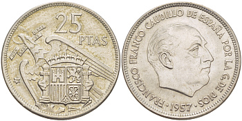 ИСПАНИЯ 25 ПЕСЕТ 1957 (70) ФРАНСИСКО ФРАНКО ДИКТАТОР ИСПАНИИ ( 1939- 1975) KM 787 медно-никель 216-655