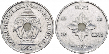 Лаос 20 центов 1952 король Сисаванг Вонг (1904-1959), слоны KM 5 алюминий 4545-434