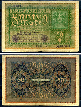 Германия 50 марок 1919 24 июня 1919, reihe I, серия AAO, выпуск с ноября 1919 года Pick 66 (1), Rosenberg 62аа бумага 8619-26-2-2