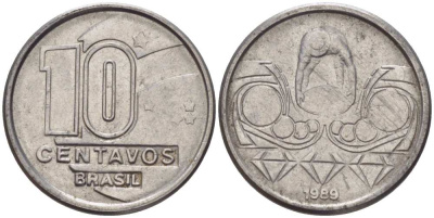 Бразилия 10 сентаво 1989 золотодобыча KM 613 нержавеющая сталь 112-619