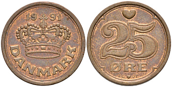 ДАНИЯ 25 ЭРЕ 1991 LG; JP; A, МАРГРЕТЕ II (1972-) KM 868.1 бронза 75-146