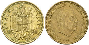 ИСПАНИЯ 1 ПЕСЕТА 1966 (73) ФРАНСИСКО ФРАНКО ДИКТАТОР ИСПАНИИ ( 1939- 1975) KM 796 алюминиевая бронза 216-615