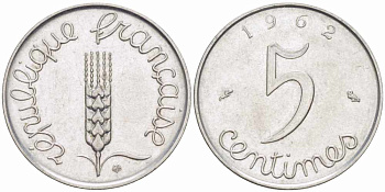 ФРАНЦИЯ 5 САНТИМОВ 1962 ПЯТАЯ РЕСПУБЛИКА KM 927, LE FRANC 124.4 хромированная сталь 105-426