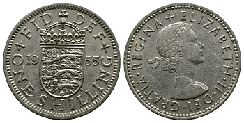 Великобритания 1 шиллинг 1955 Елизавета II (1952-2022), Английский герб KM 904, Spink 4147 медно-никель 4384-325