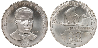 Сенегал 50 франков 1975 25 лет Евро-Африканской программе, парусник KM 5 серебро UNC 00-801-19