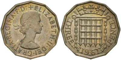 Великобритания 3 пенса 1961 Елизавета II (1952-2022) KM 900, Spink 4153 никель латунь aUNC 4579-212