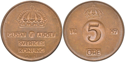 Швеция 5 эре 1957 TS, Густав VI Адольф (1950-1973) KM 822 бронза 4557-746